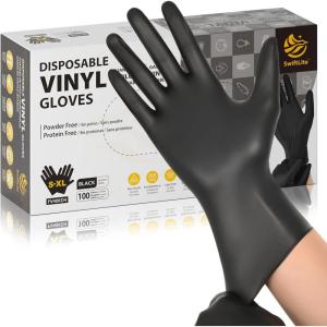 Black Vinyl Gloves, Food Grade Gloves Disposable Latex Free & Powder Free, Guantes for Cleaning Cooking Food Prep(100)