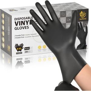 Black Vinyl Gloves, Food Grade Gloves Disposable Latex Free & Powder Free, Guantes for Cleaning Cooking Food Prep(200)