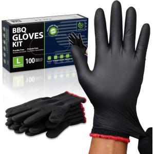 SWIFTLITE BBQ Gloves, 6 Heat Resistant Cotton Liners + 100 Disposable Nitrile Gloves for Barbecue, Grilling, Cooking, Smoker(Black)