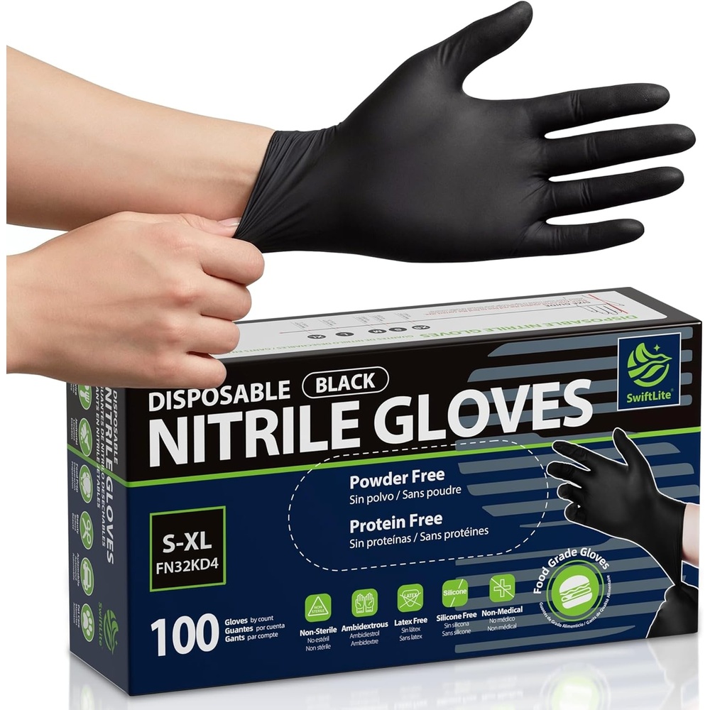 image:imageSWIFTLITE Disposable Nitrile Gloves Black Food Safe Rubber Gloves LatexFree PowderFree for Cooking Food Prep Kitchen Clean100